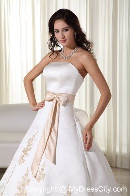 Strapless Court Train Satin Wedding Dress with Appliques and Bowknot