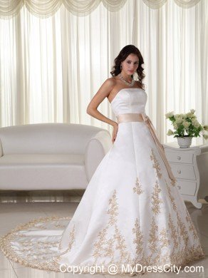 Strapless Court Train Satin Wedding Dress with Appliques and Bowknot