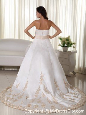 Strapless Court Train Satin Wedding Dress with Appliques and Bowknot