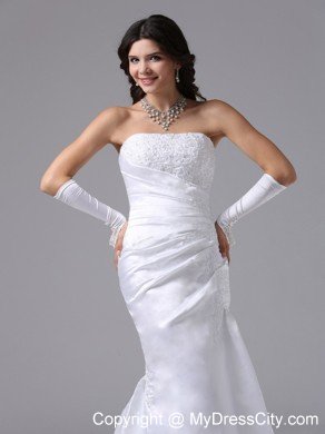 Column Strapless Brush Train Satin and Lace Decorated Wedding Gown