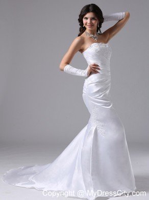 Column Strapless Brush Train Satin and Lace Decorated Wedding Gown