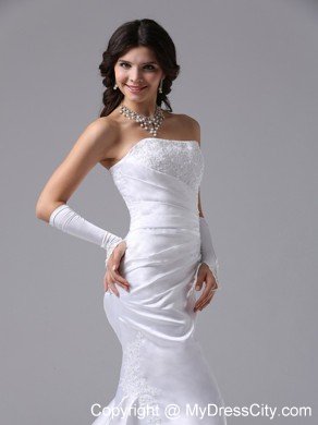 Column Strapless Brush Train Satin and Lace Decorated Wedding Gown
