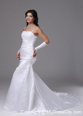 Column Strapless Brush Train Satin and Lace Decorated Wedding Gown
