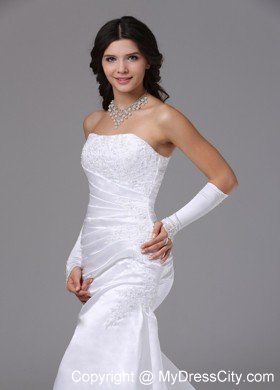 Column Strapless Brush Train Satin and Lace Decorated Wedding Gown
