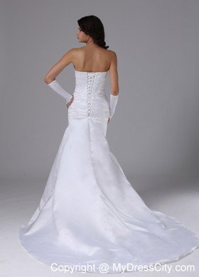 Column Strapless Brush Train Satin and Lace Decorated Wedding Gown