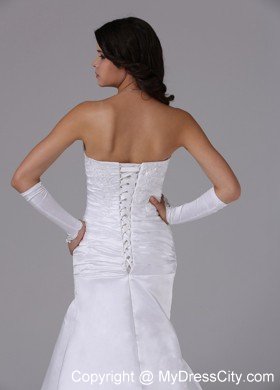 Column Strapless Brush Train Satin and Lace Decorated Wedding Gown