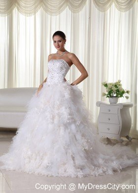 Ruffles Strapless Chapel Train Wedding Dress with Embroidery