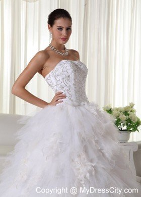 Ruffles Strapless Chapel Train Wedding Dress with Embroidery