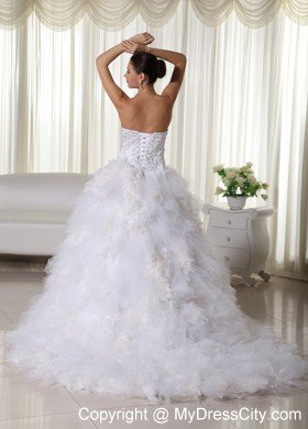 Ruffles Strapless Chapel Train Wedding Dress with Embroidery