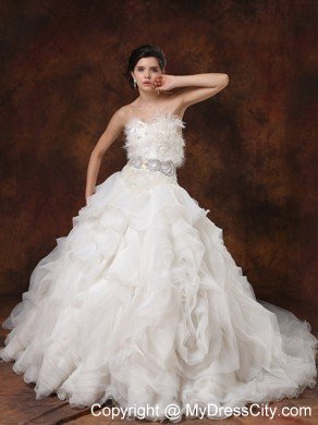 Luxurious Sweetheart Feather Ruffled Garden Wedding Dress with Beading