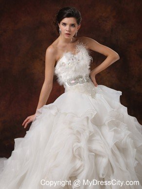 Luxurious Sweetheart Feather Ruffled Garden Wedding Dress with Beading