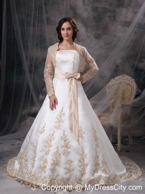 Strapless Embroidery Sash Champagne Church Wedding Dress with Jacket