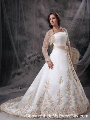 Strapless Embroidery Sash Champagne Church Wedding Dress with Jacket