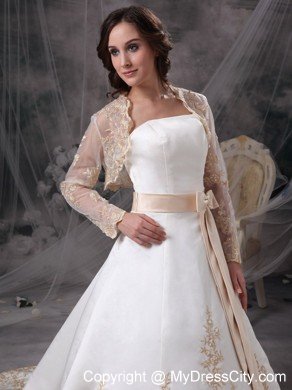 Strapless Embroidery Sash Champagne Church Wedding Dress with Jacket