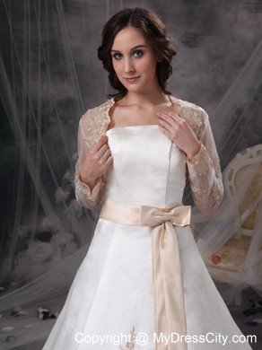 Strapless Embroidery Sash Champagne Church Wedding Dress with Jacket