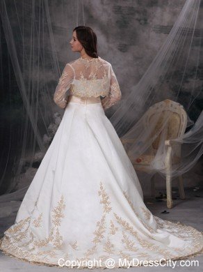 Strapless Embroidery Sash Champagne Church Wedding Dress with Jacket