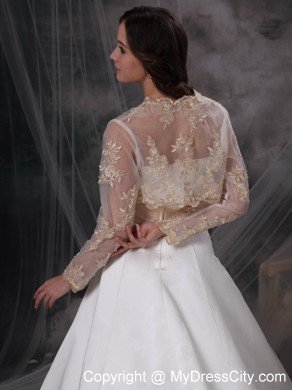 Strapless Embroidery Sash Champagne Church Wedding Dress with Jacket