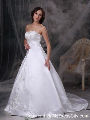 Princess Strapless Court Train Embroidery Classical Church Wedding Dress