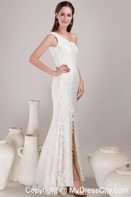 Fashionable High Slit Sheath Single Shoulder Lace Wedding Bridal Gown