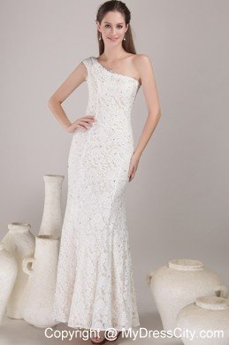 Fashionable High Slit Sheath Single Shoulder Lace Wedding Bridal Gown