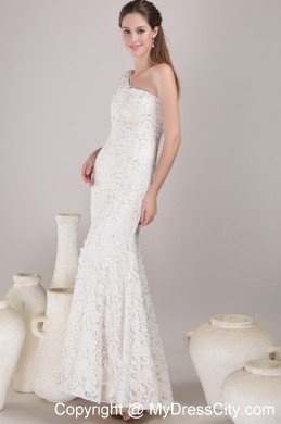 Fashionable High Slit Sheath Single Shoulder Lace Wedding Bridal Gown
