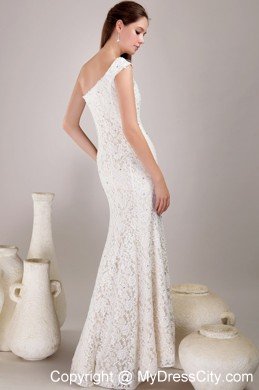 Fashionable High Slit Sheath Single Shoulder Lace Wedding Bridal Gown