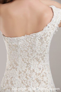Fashionable High Slit Sheath Single Shoulder Lace Wedding Bridal Gown