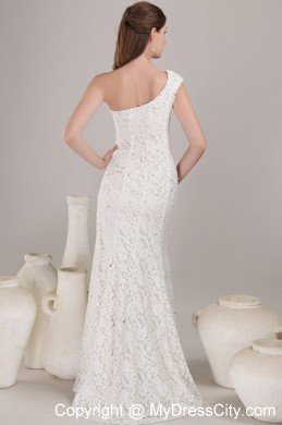 Fashionable High Slit Sheath Single Shoulder Lace Wedding Bridal Gown