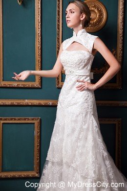 Sexy A-line High-low Lace Sash 2013 Wedding Dress with Heart Back