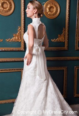Sexy A-line High-low Lace Sash 2013 Wedding Dress with Heart Back