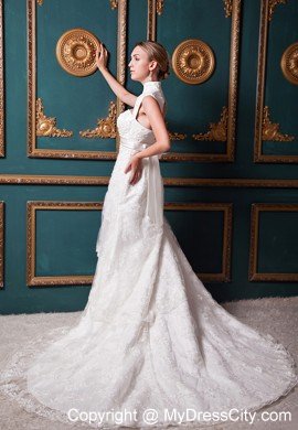 Sexy A-line High-low Lace Sash 2013 Wedding Dress with Heart Back
