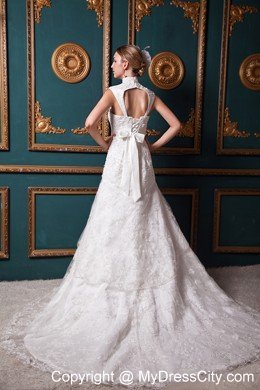 Sexy A-line High-low Lace Sash 2013 Wedding Dress with Heart Back