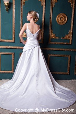 Modest A-line Straps Beading Church Wedding Dress with Chapel Train