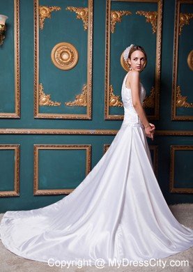 Modest A-line Straps Beading Church Wedding Dress with Chapel Train