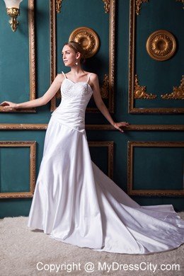 Modest A-line Straps Beading Church Wedding Dress with Chapel Train