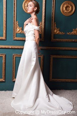 Simple A-line Off The Shoulder Garden Wedding Dress with Brush Train