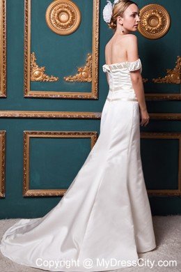 Simple A-line Off The Shoulder Garden Wedding Dress with Brush Train