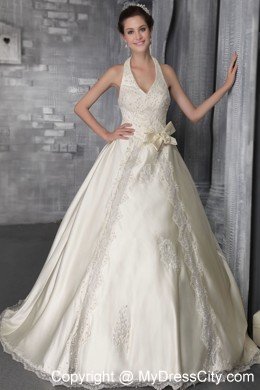 Classical Princess Halter Sweep Lace Appliques Beading Wedding Gowns