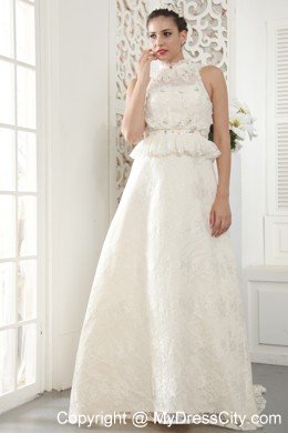 A-line High-neck Brush Train Lace Beading Ruching Wedding Dresses