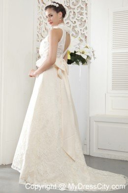 A-line High-neck Brush Train Lace Beading Ruching Wedding Dresses