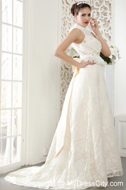 A-line High-neck Brush Train Lace Beading Ruching Wedding Dresses