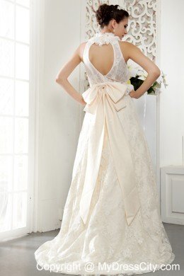 A-line High-neck Brush Train Lace Beading Ruching Wedding Dresses