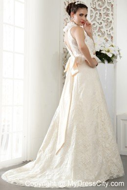 A-line High-neck Brush Train Lace Beading Ruching Wedding Dresses