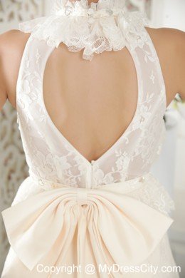A-line High-neck Brush Train Lace Beading Ruching Wedding Dresses