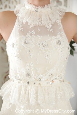 A-line High-neck Brush Train Lace Beading Ruching Wedding Dresses