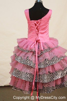 Asymmetrical Neckline Rose Pink Beaded Organza Girl Pageant Dress