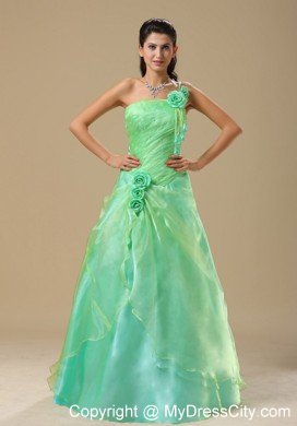 Flowers One Shoulder Ruched Apple Green Dresses For Prom