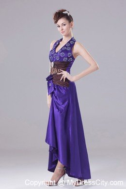 Exquisite Halter High-low Purple Prom Dress With Beading