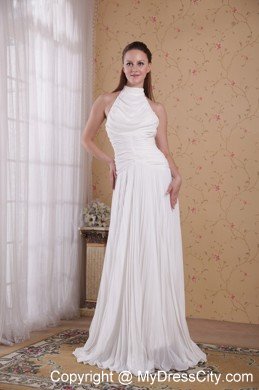 High-neck Pleated White Prom Dress with Peekaboo Keyhole