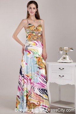 Beautiful Empire Straps Colorful Printed Beaded Prom Dress